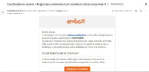 e-mail di phishing che simula di essere aruba